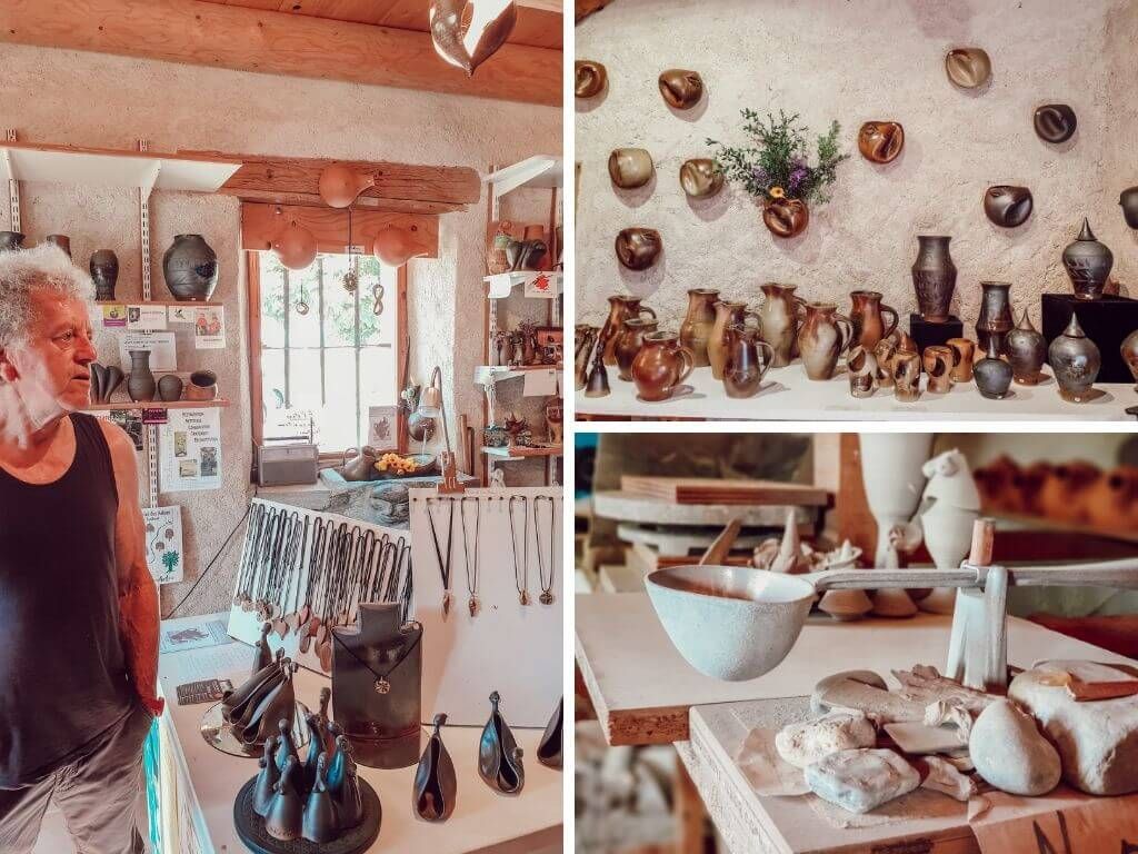 Atelier de poterie rustique avec des étagères remplies de céramiques artisanales et une femme qui regarde les étalages.