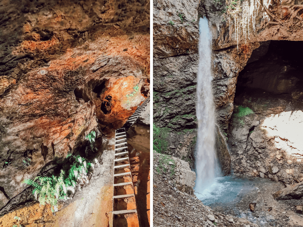 Passage rocheux dans une grotte avec une échelle en bois à côté d'une cascade et d'un bassin