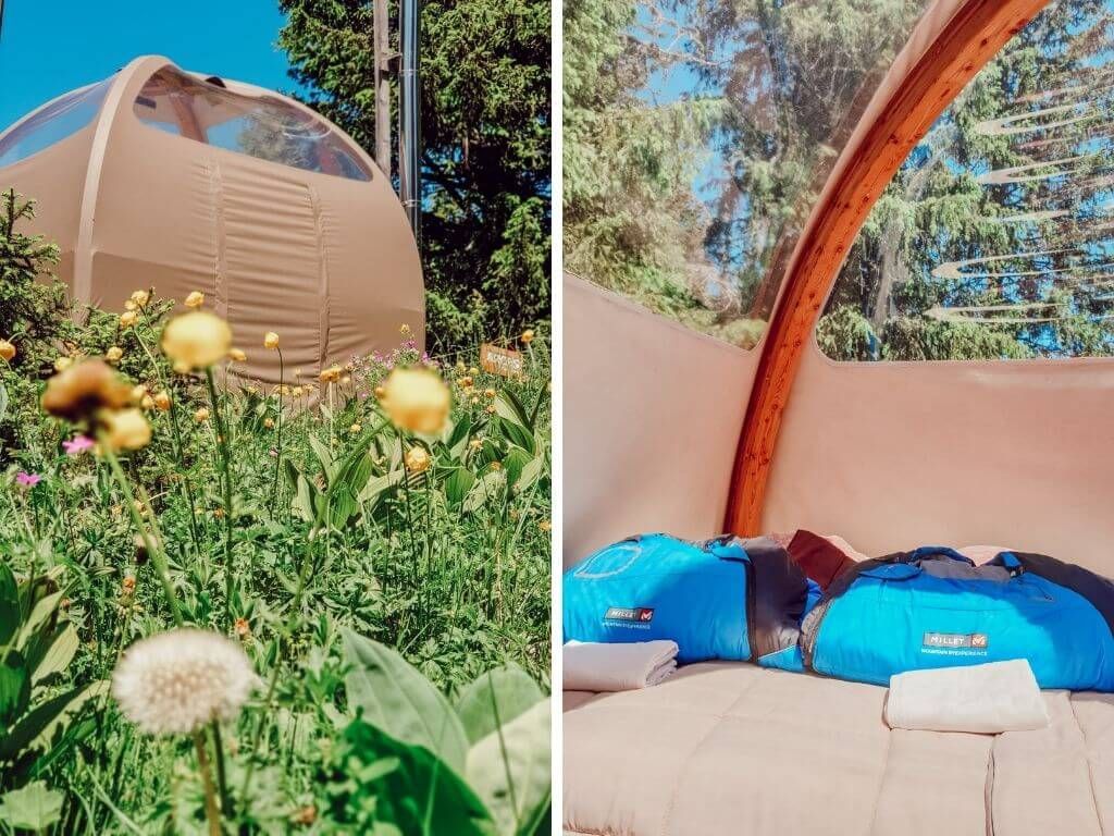 Vue partagée d'un espace extérieur beige et d'un coin salon incurvé, confortable et beige et bleu, baigné de soleil.