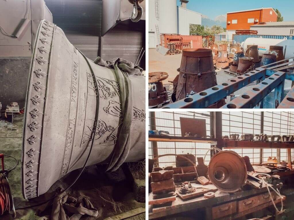 Machines et équipements industriels dans un atelier, notamment un grand conduit métallique et des pièces de moteur sur des supports.