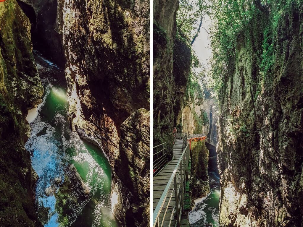 Un étroit sentier serpente le long d'une rivière turquoise, entouré de hautes falaises rocheuses et de verdure.