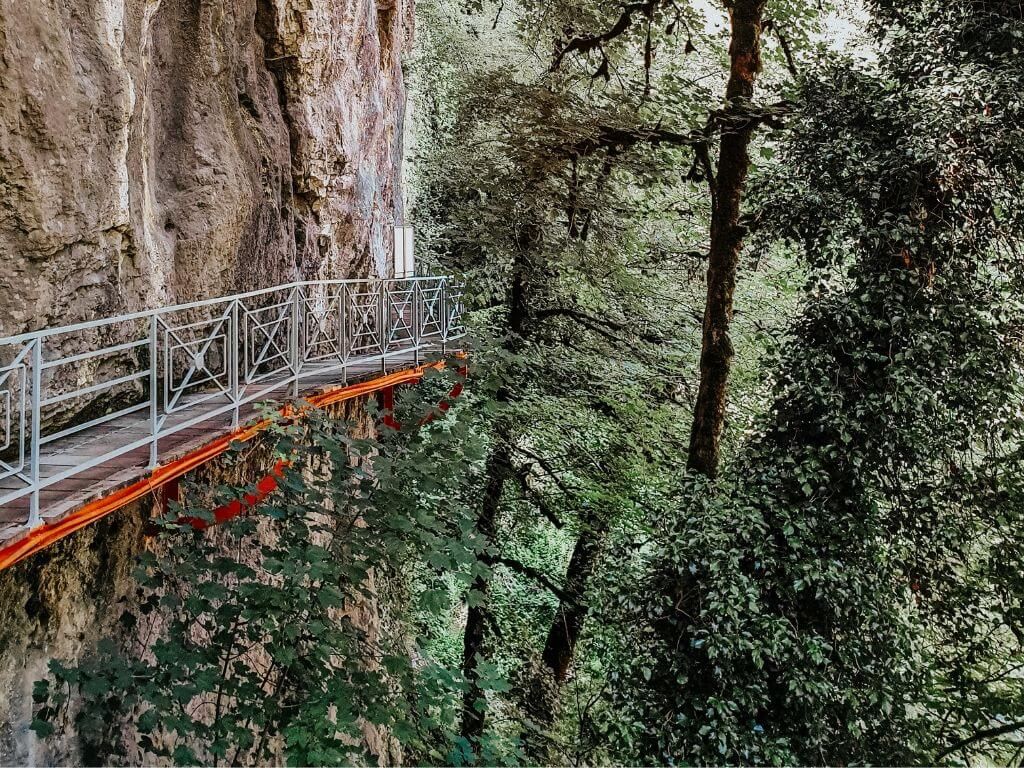 Passerelle étroite à flanc de falaise avec rambarde métallique, longeant une paroi rocheuse surplombant une forêt dense et verdoyante.