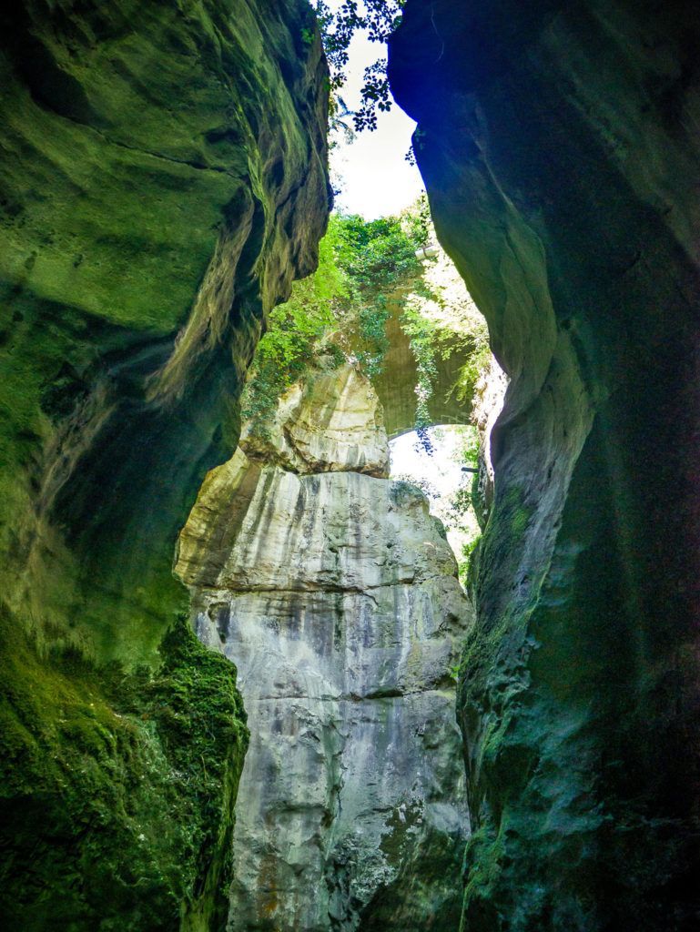 Gorge rocheuse étroite aux falaises couvertes de mousse, où filtre la lumière du soleil par le haut.