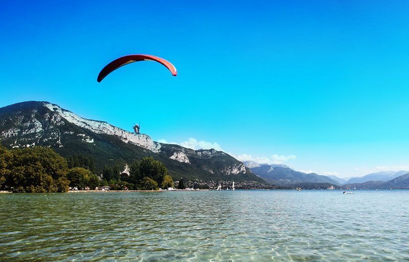 Parapente au-dessus d'un lac turquoise, avec des montagnes enneigées et un ciel d'un bleu éclatant.