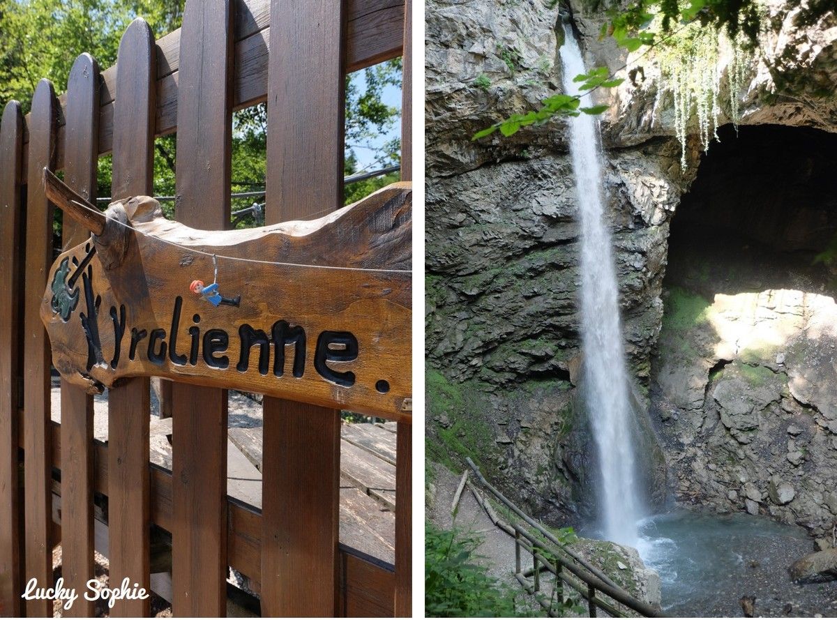 Panneau en bois Pralienne sur une clôture près d'une cascade dans un cadre forestier rocheux