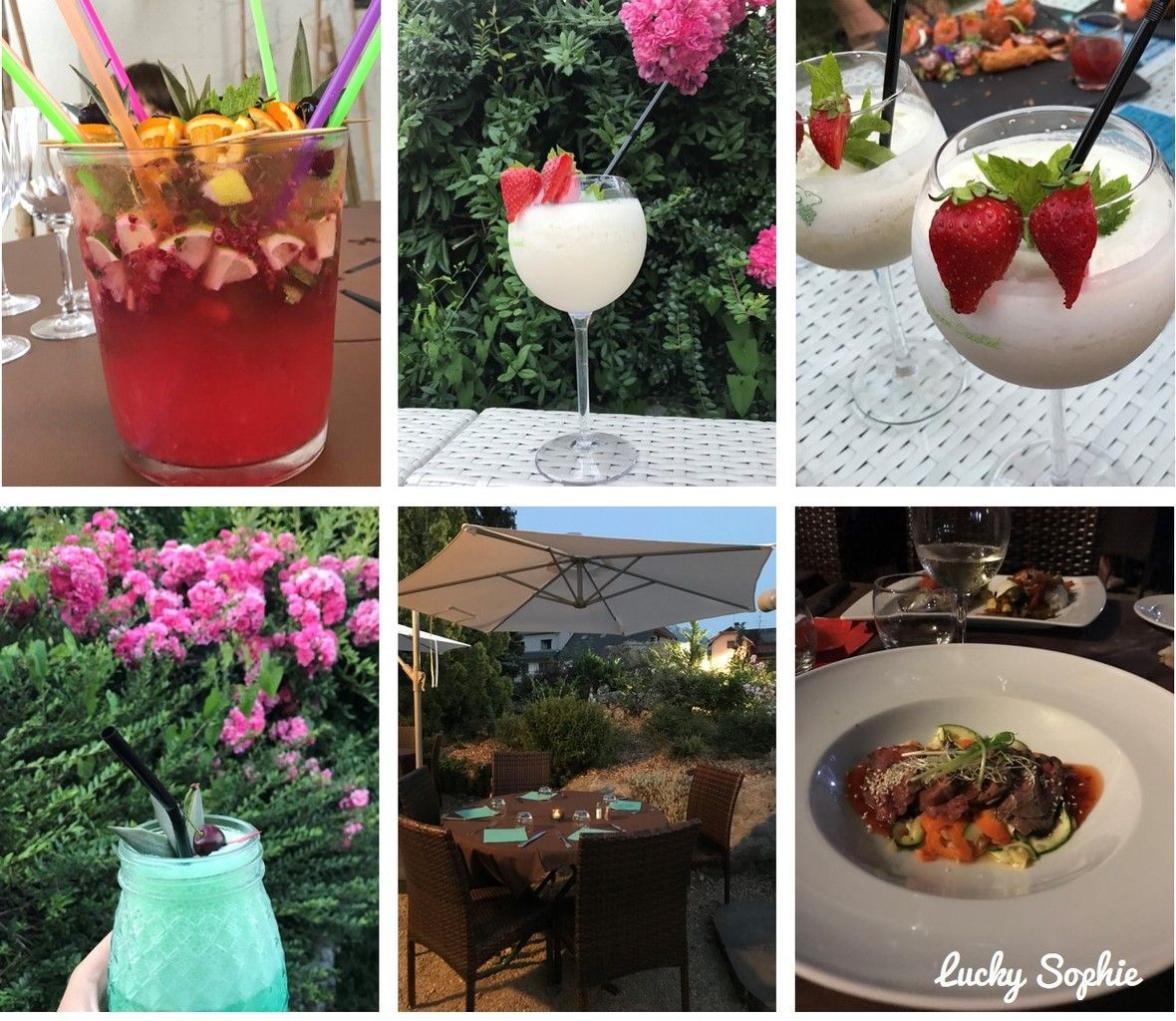 Collage de cocktails colorés, d'une table de brunch et d'un repas servi à l'assiette dans un cadre de restaurant extérieur luxuriant