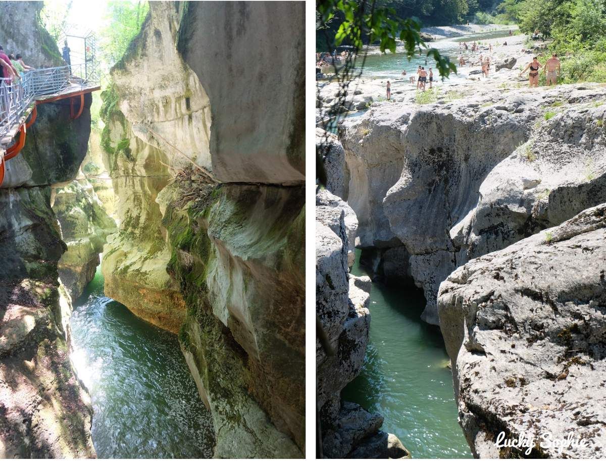 Gorge rocheuse étroite aux eaux vertes, présentée en deux vues côte à côte sous un soleil éclatant