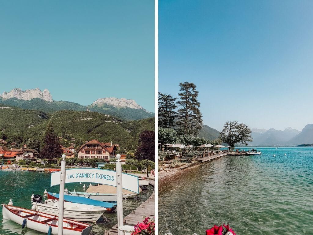 Vue partagée d'un complexe hôtelier au bord d'un lac avec des bateaux, une eau turquoise et des montagnes sous un ciel dégagé