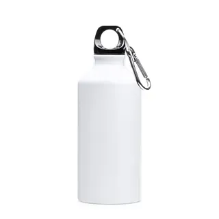 Una botella de agua blanca con un mosquetón adjunto.