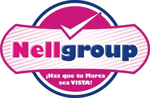 Un logotipo rosa y azul para el grupo Nell con una marca de verificación en él.