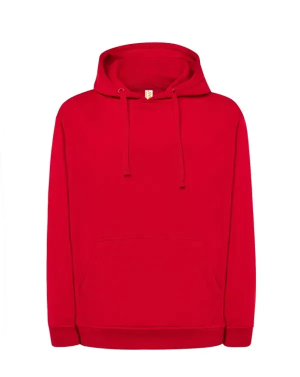 Una sudadera roja con capucha sobre un fondo blanco.