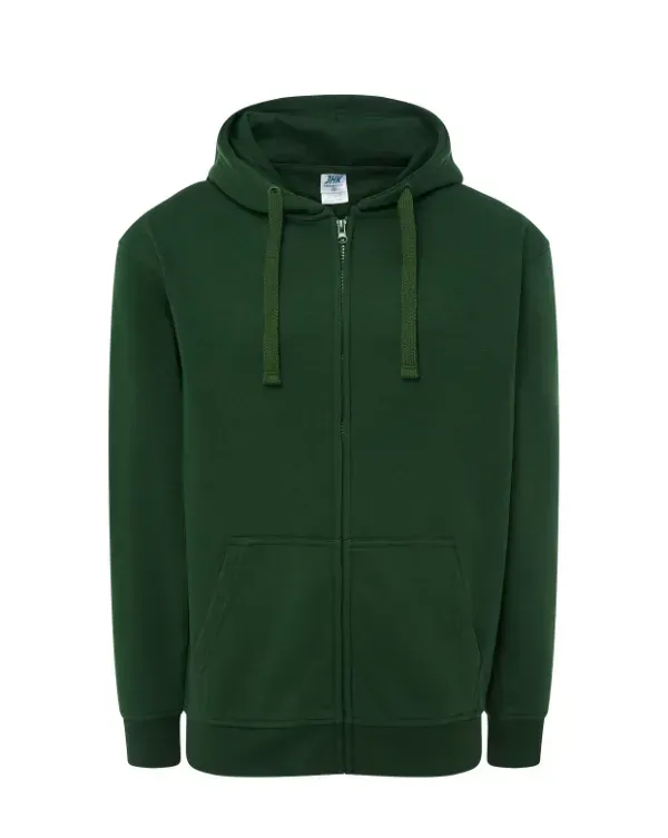 Una sudadera con capucha verde con cremallera sobre un fondo blanco.