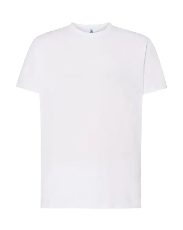 Una camiseta blanca de manga corta y cuello redondo sobre fondo blanco.