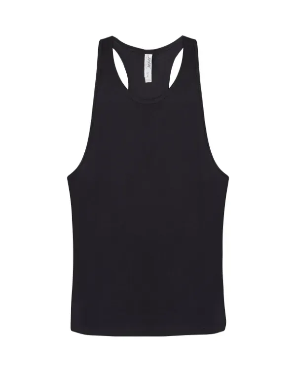 Una camiseta sin mangas negra con agujeros en la espalda sobre un fondo blanco.