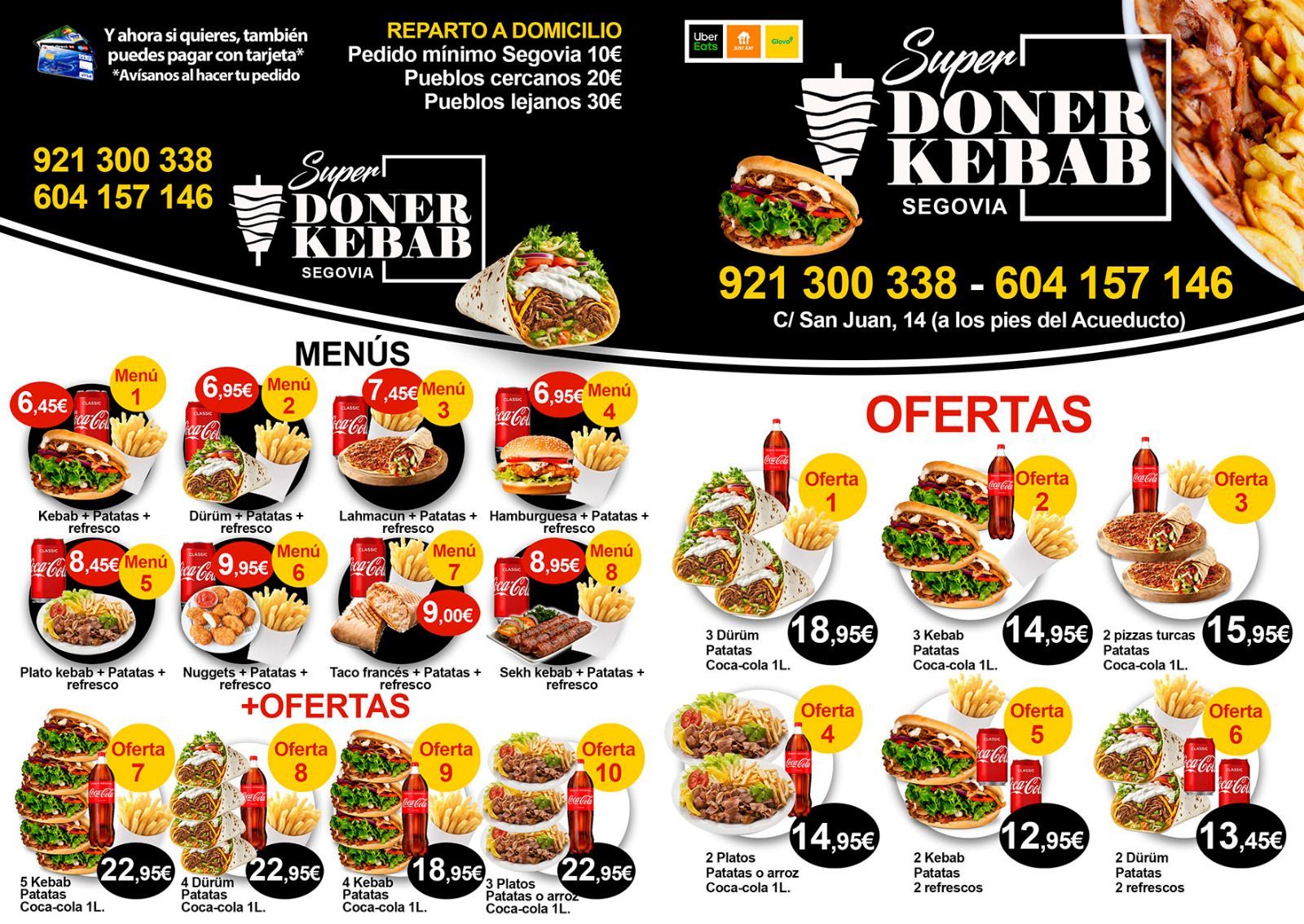 Menú de Super Doner Kebab con diversas ofertas de comida e información de contacto.