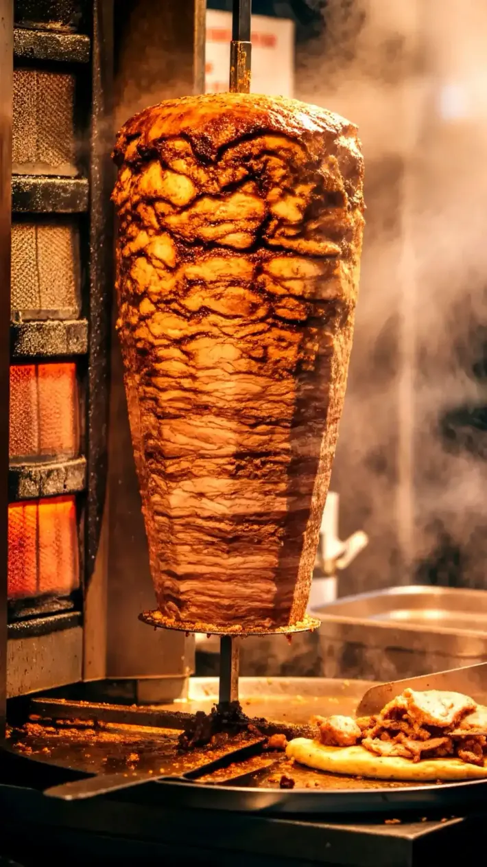 Asador vertical giratorio de carne asada, probablemente shawarma, con vapor elevándose.
