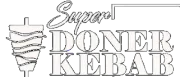 Logotipo para Super Doner Kebab, con kebab y texto.