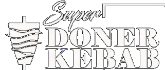 Logotipo para Super Doner Kebab, con kebab y texto.