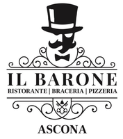 Logo del ristorante "Il Barone", raffigurante un signore con cilindro, baffi e papillon sopra il nome del ristorante e la sua ubicazione, Ascona.