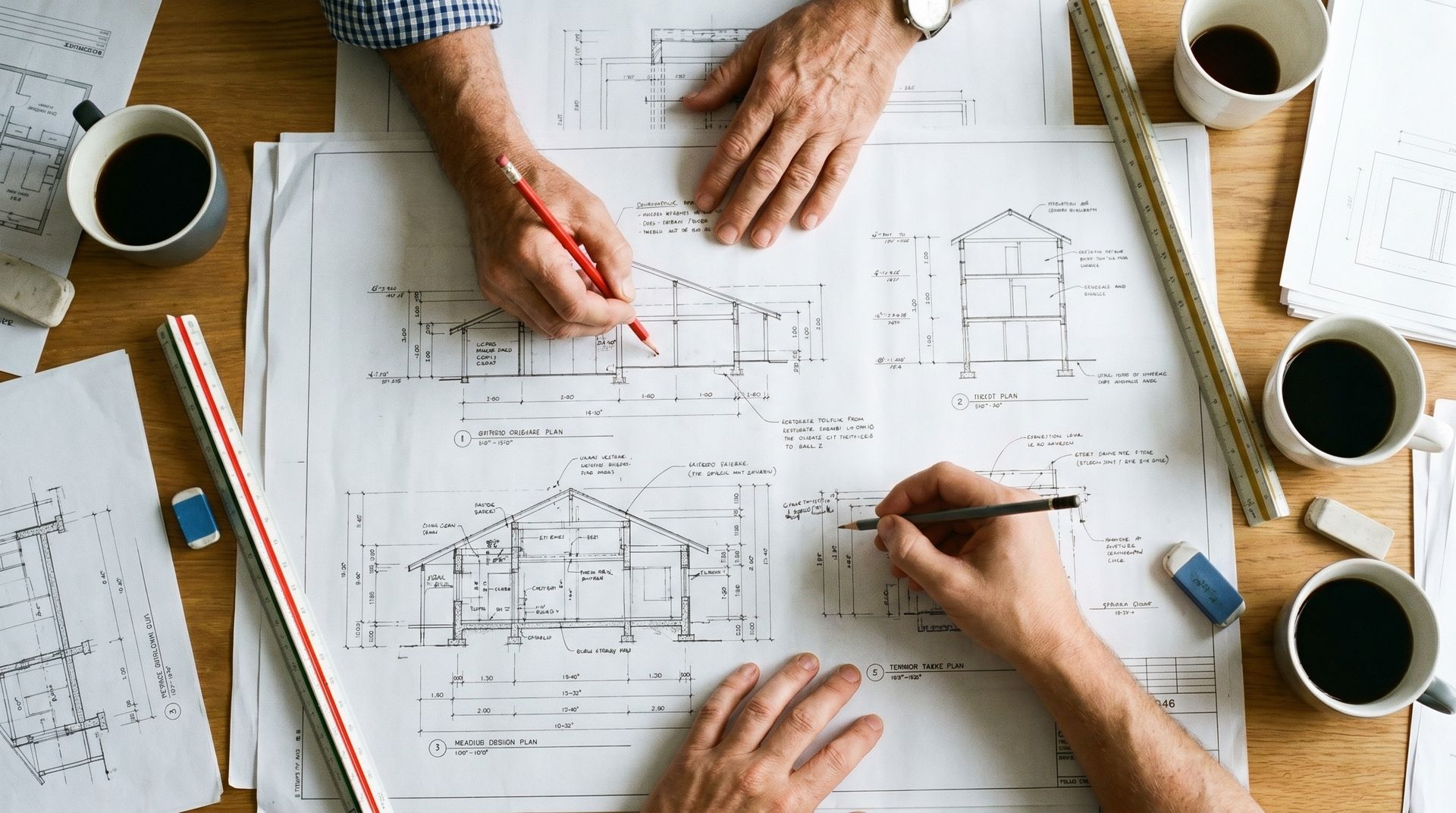 Des mains dessinent des plans de maison sur du papier autour d'un bureau avec des tasses de café et des outils de dessin.