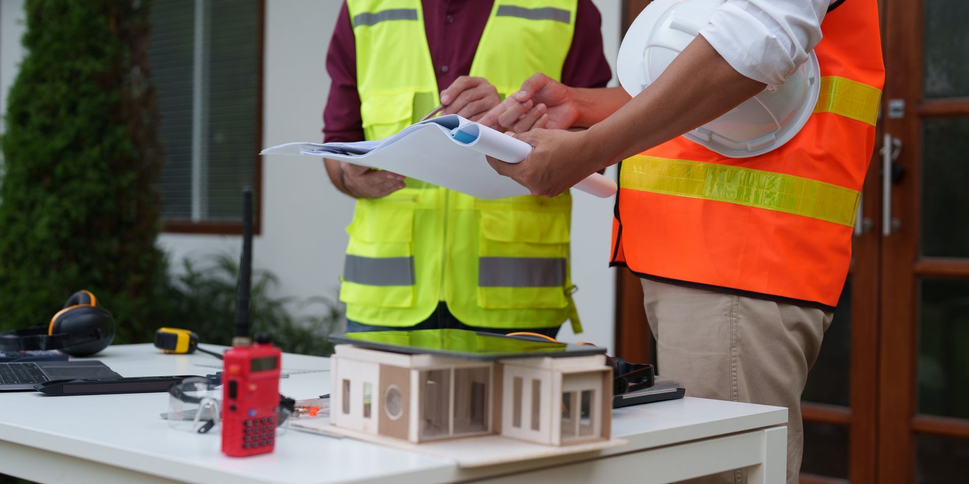 Deux ouvriers du bâtiment, vêtus de gilets de sécurité, examinent les plans d'une maquette de maison posée sur une table.