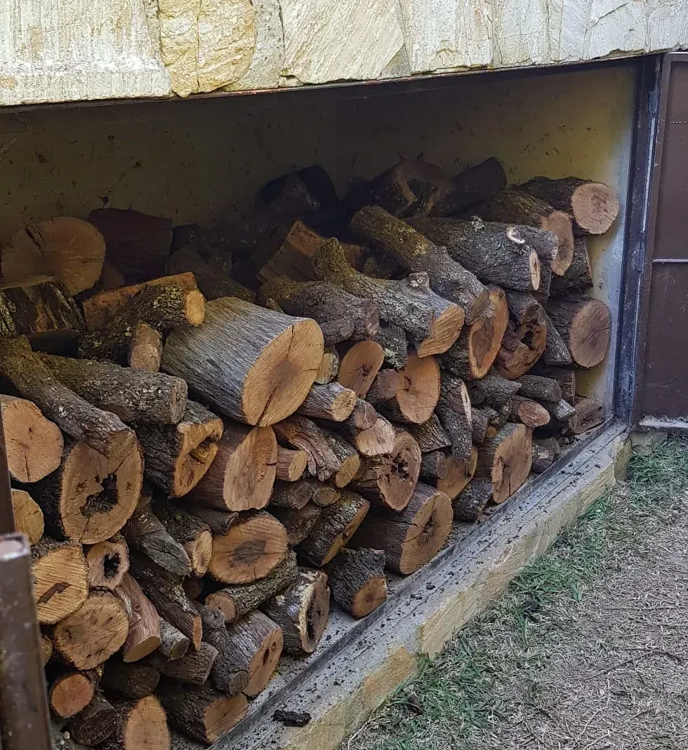 Una pila de troncos se encuentra en un garaje.