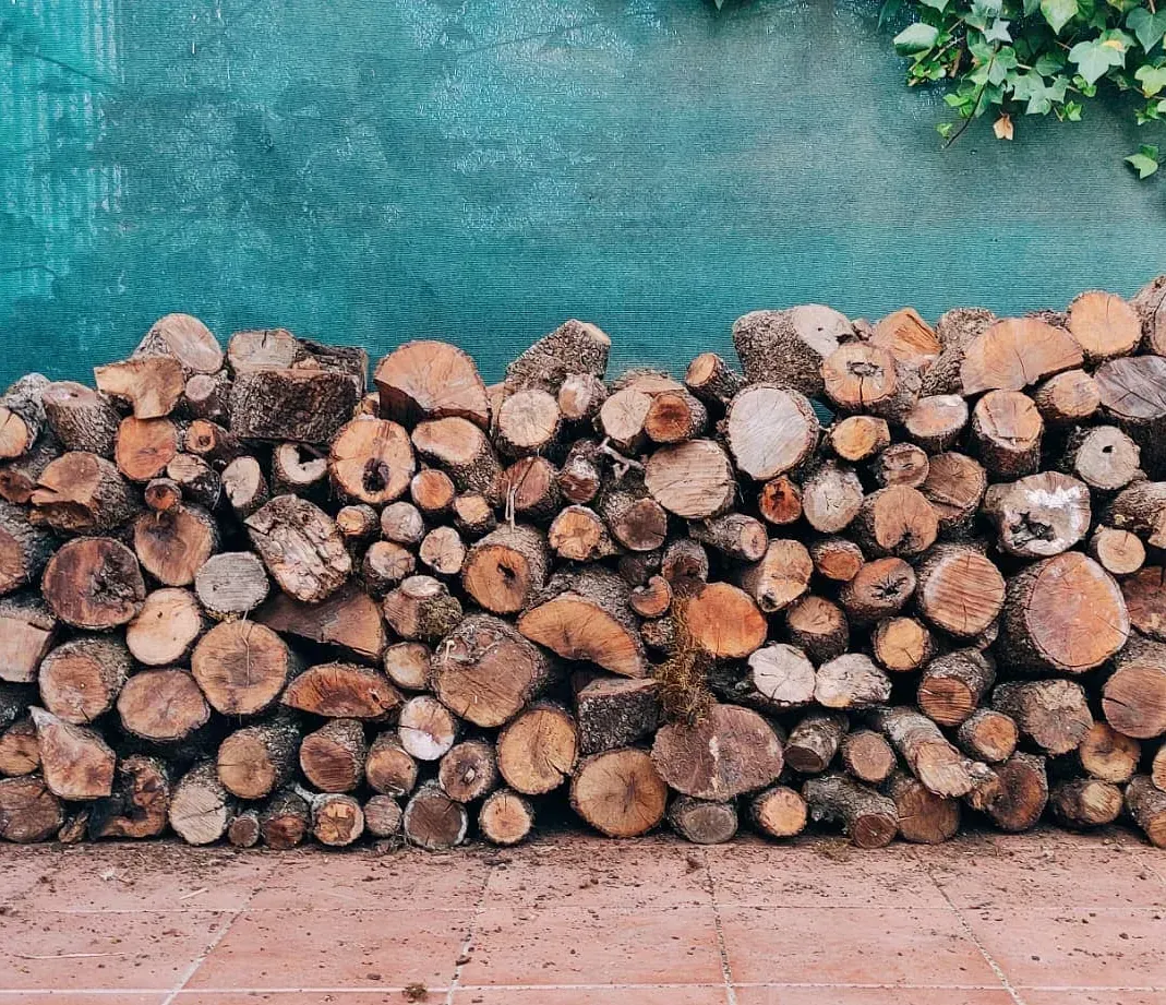 Una pila de troncos está al lado de una piscina.