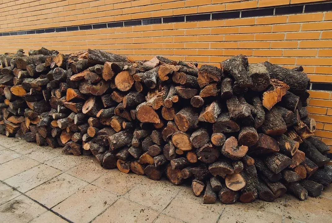 Una pila de troncos está delante de una pared de ladrillos.