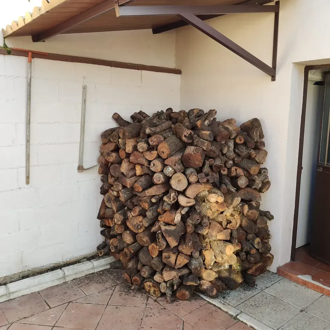 Una gran pila de troncos contra una pared blanca