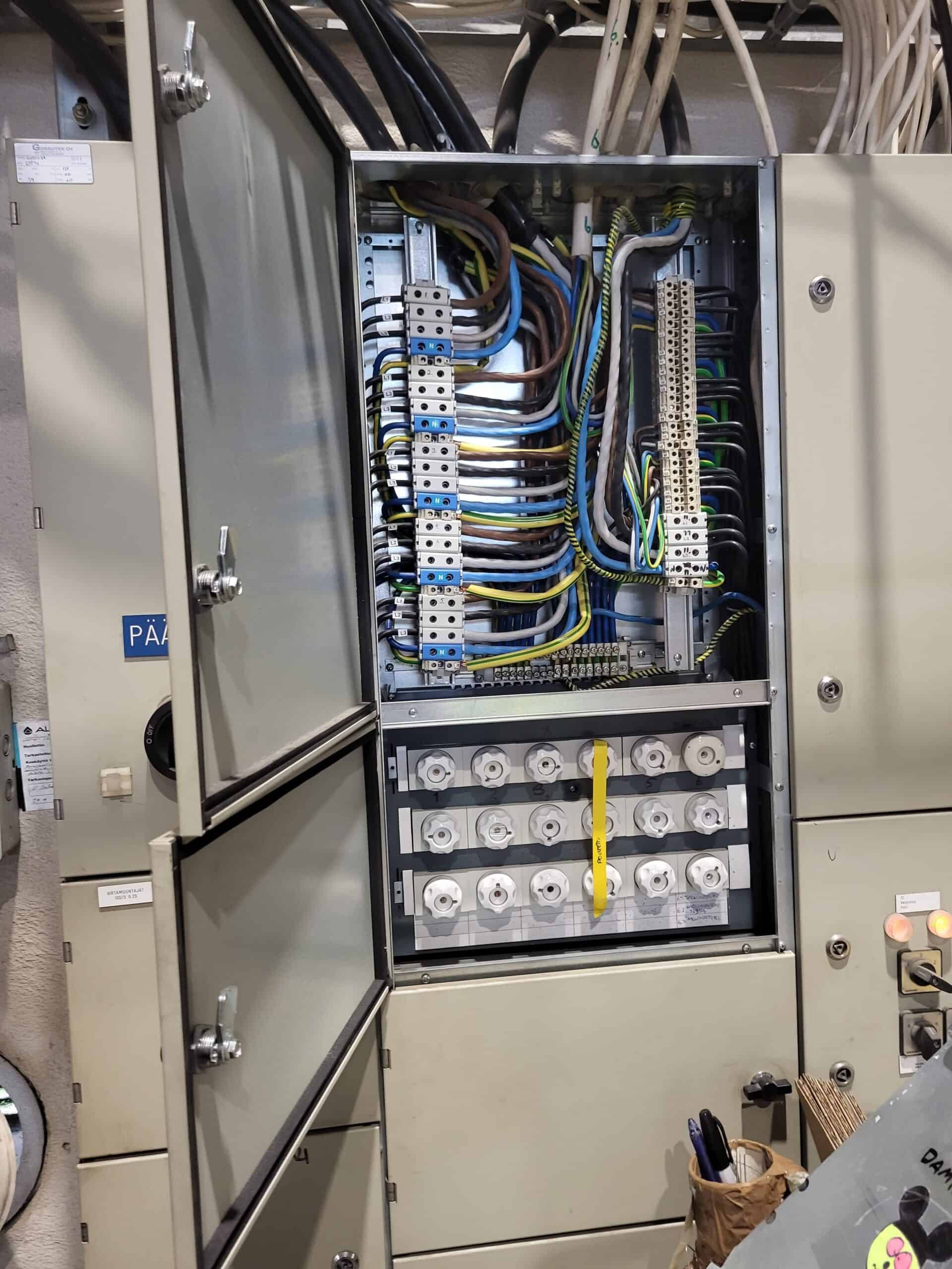 Electrical panel with open doors, revealing numerous wires, terminal blocks, and fuses. Industrial setting.