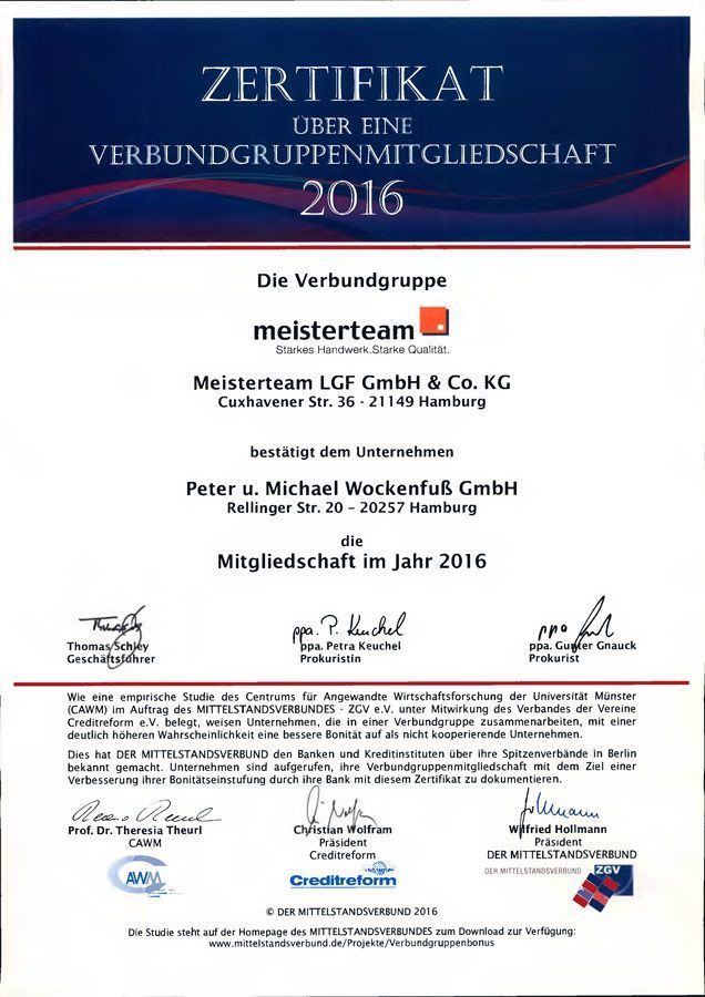 Zertifikat über eine Verbundgruppenmitgliedschaft 2016