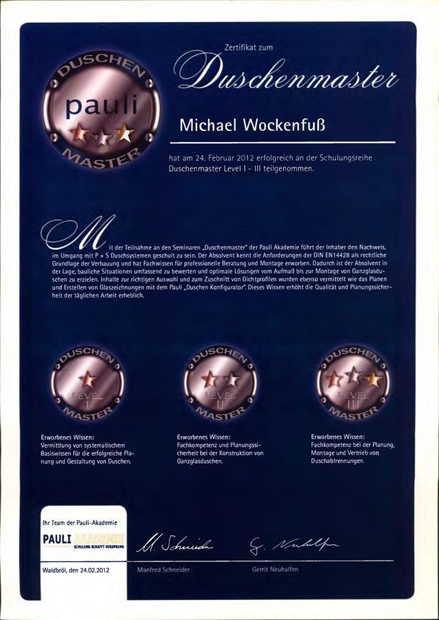 Ein blaues Zertifikat mit der Aufschrift „Duschmaster“