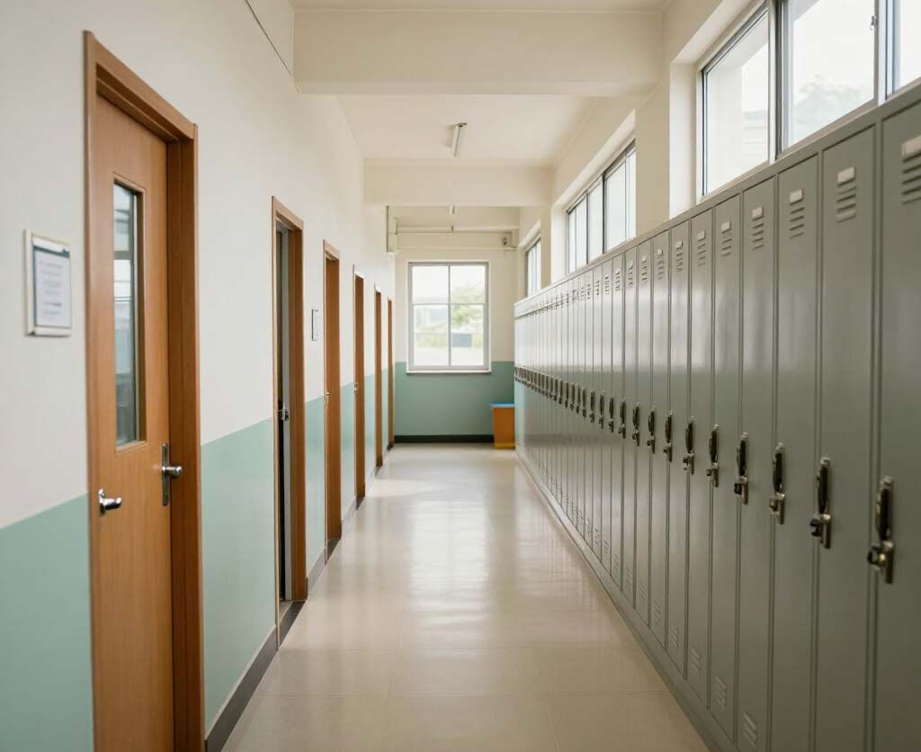 Pasillo escolar con paredes beige, puertas de madera en las aulas y taquillas grises a lo largo del lado derecho