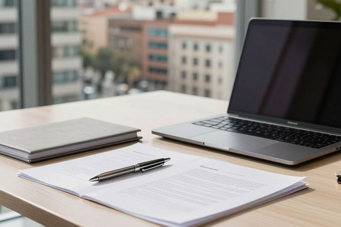 Portátil, cuaderno y bolígrafo sobre un escritorio, con una oficina desenfocada de fondo