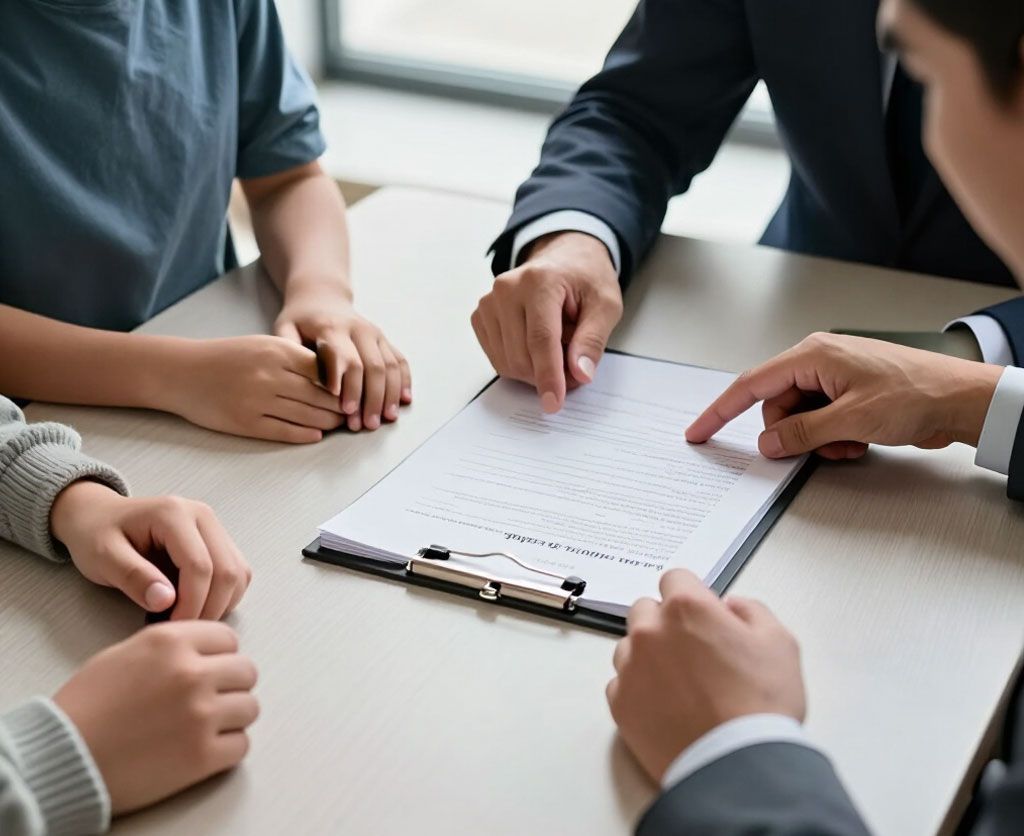 Manos revisando un documento en una carpeta durante una reunión de negocios en una mesa.
