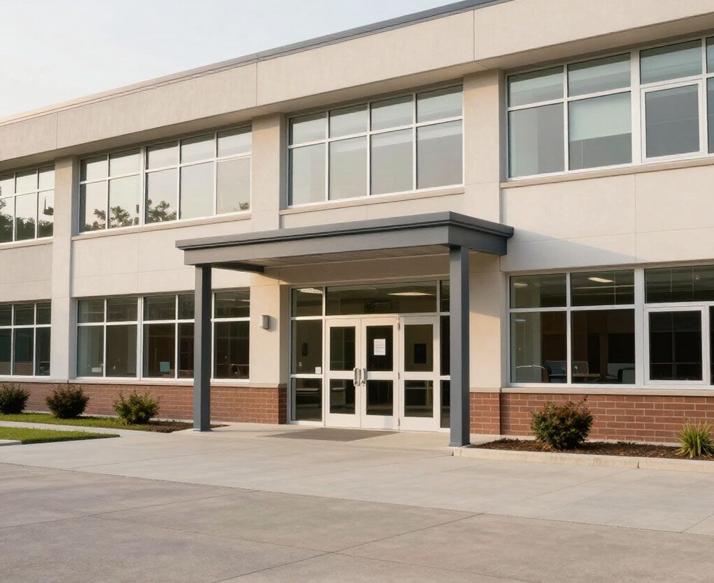 Entrada de un colegio moderno con puertas de cristal, fachada beige y detalles de ladrillo