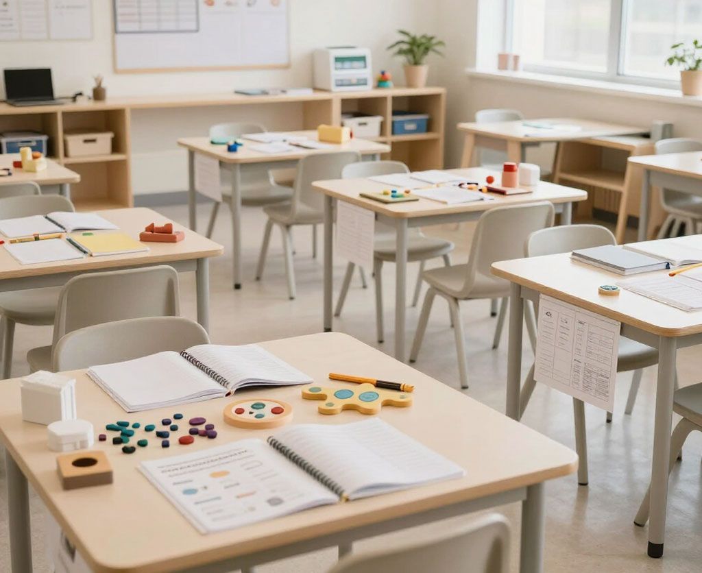 Aula luminosa con mesas de madera, libros y materiales didácticos de colores junto a ventanas soleadas