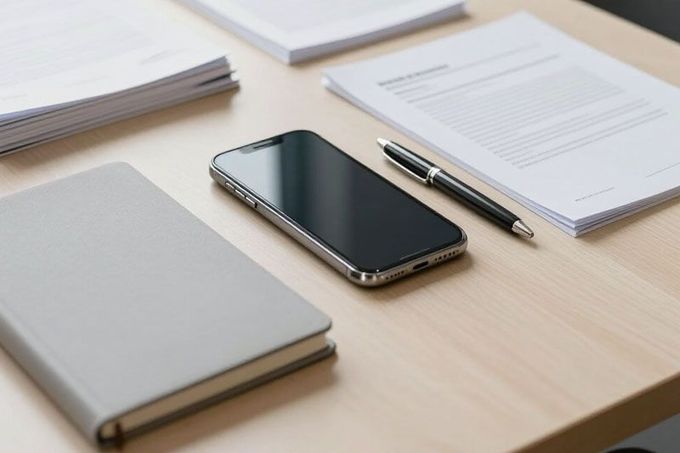 Escritorio con un teléfono inteligente, un bolígrafo, un cuaderno gris y unos papeles apilados sobre una superficie de madera clara