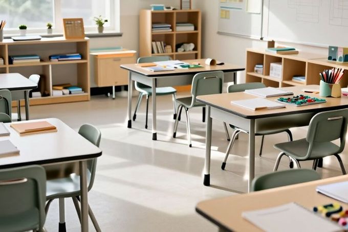 Aula vacía con filas de pupitres, sillas y material escolar en una sala luminosa y ordenada