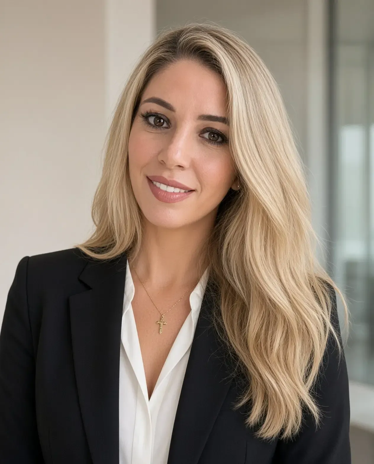 Retrato profesional de una mujer sonriente con un blazer negro y una blusa blanca sobre un fondo interior desenfocado.