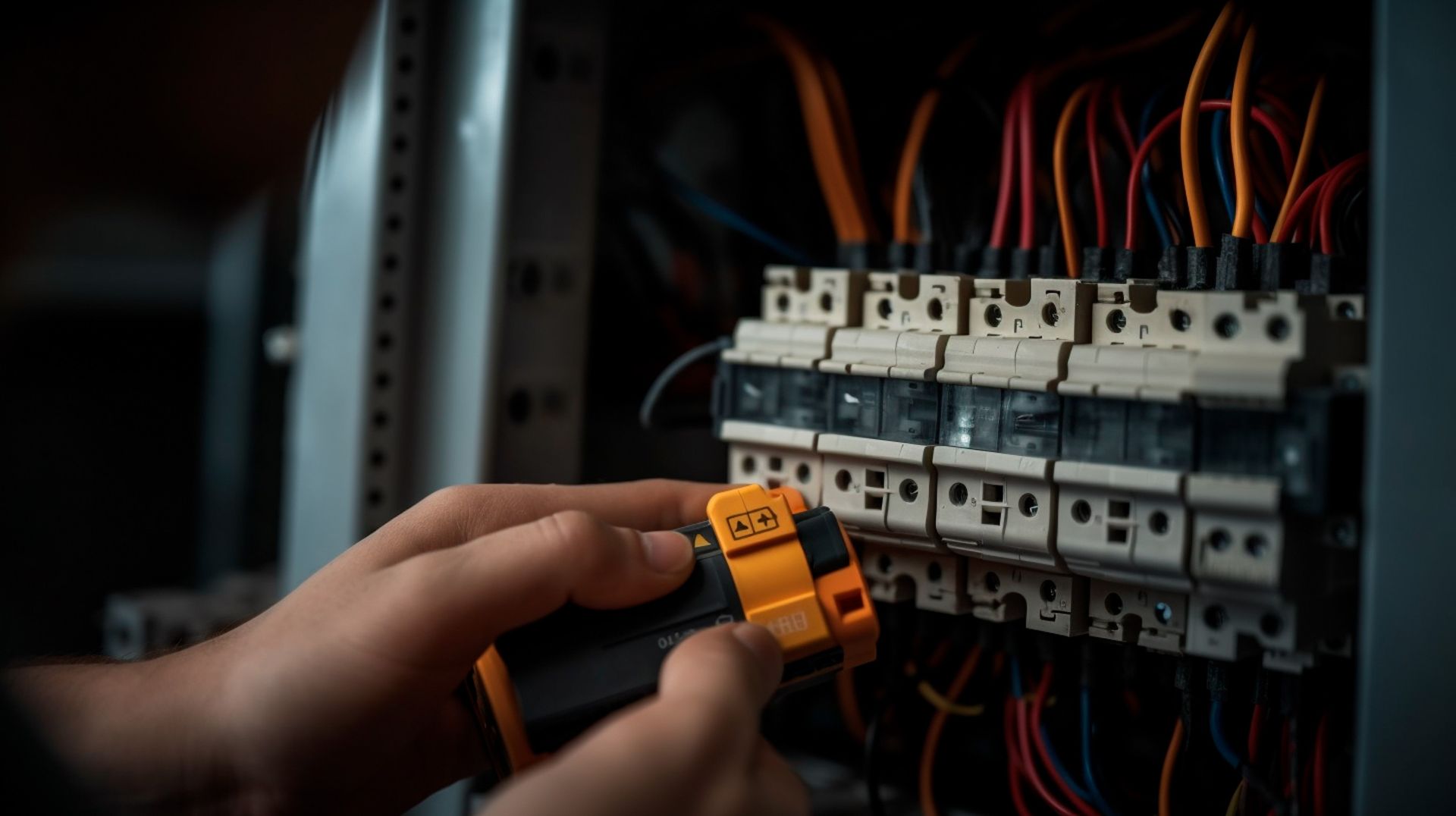 Manos utilizando un comprobador de voltaje en cables eléctricos en un panel de control.