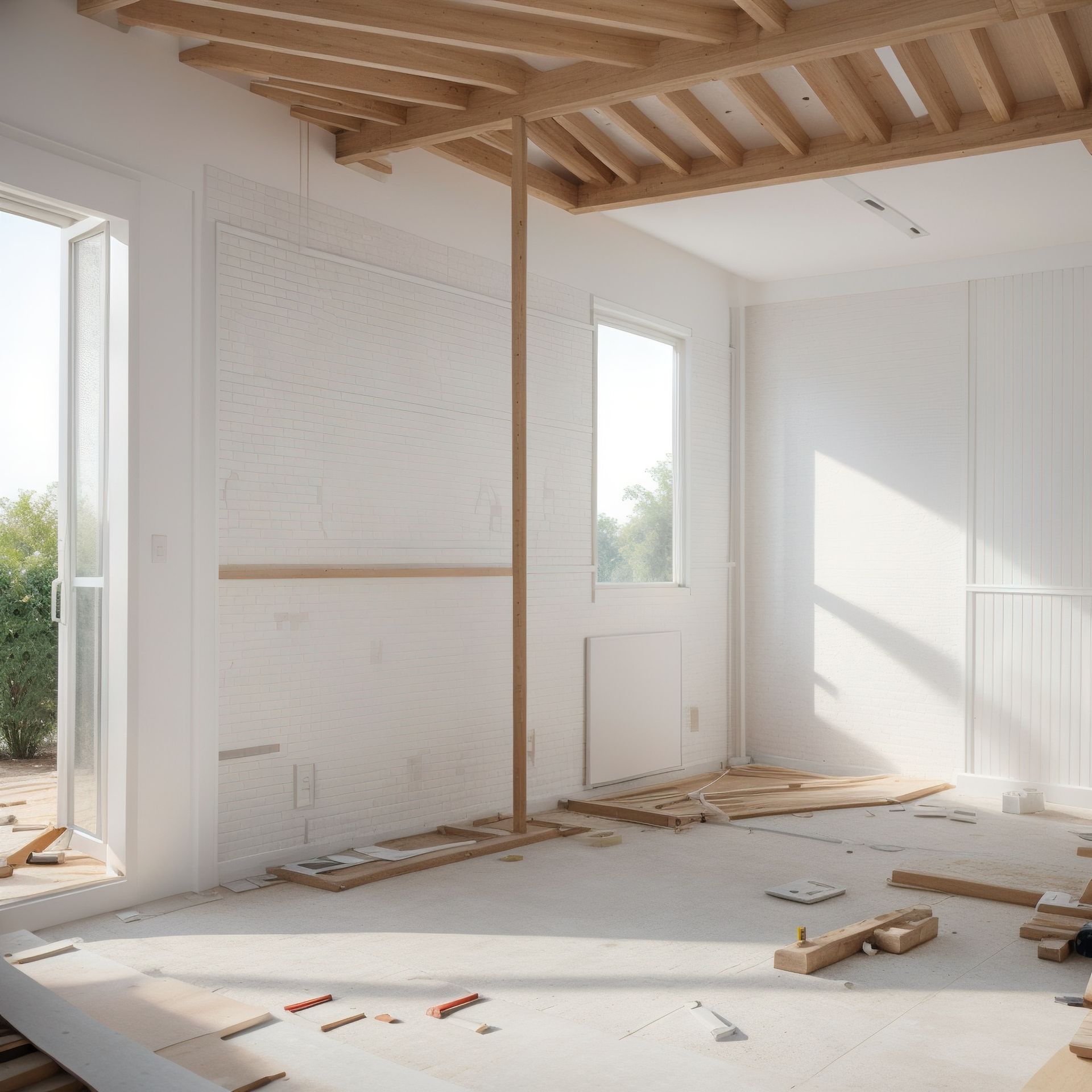 Interior de una habitación en construcción con vigas de techo a la vista, madera dispersa y luz natural.