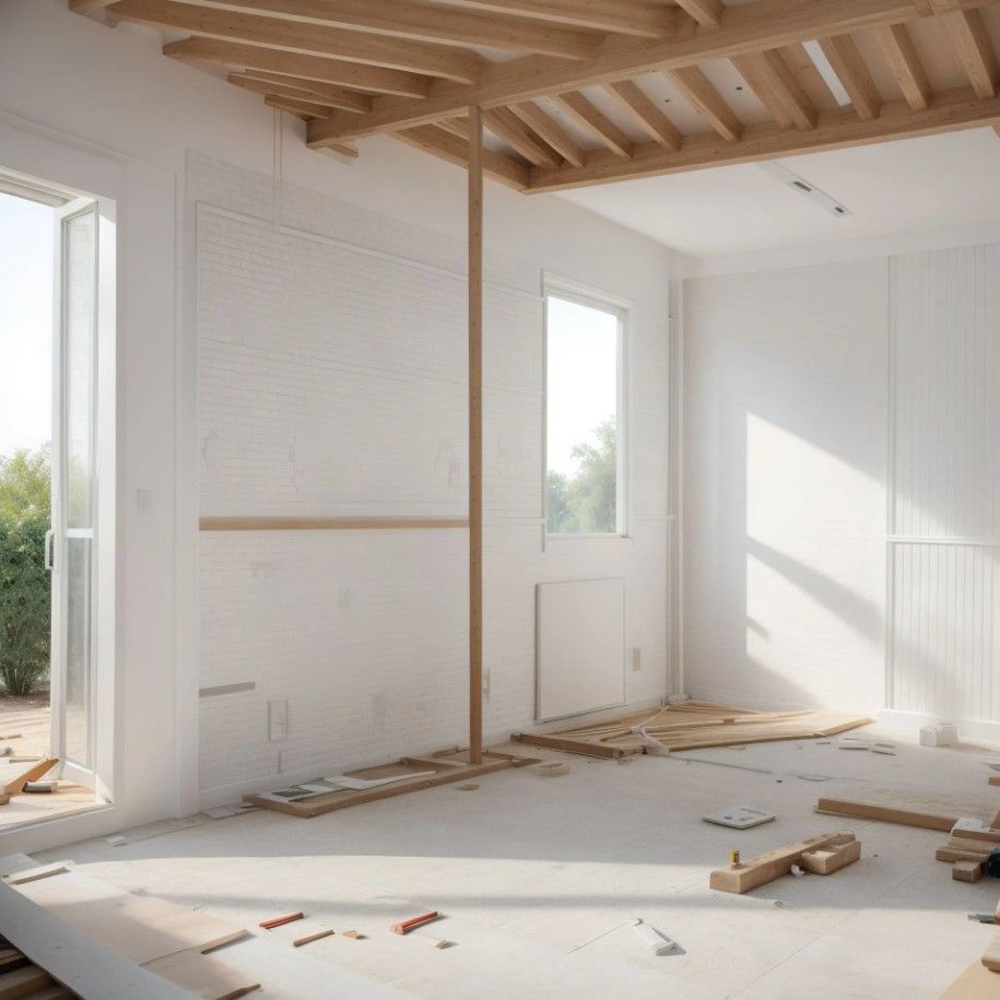 Interior de una habitación en construcción con vigas de techo a la vista, madera dispersa y luz natural.