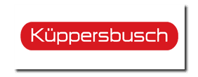 Κόκκινο λογότυπο Küppersbusch με λευκό κείμενο σε στρογγυλεμένο ορθογώνιο με γκρι σκιά.