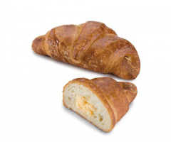 Um croissant com uma fatia retirada dele em um fundo branco.