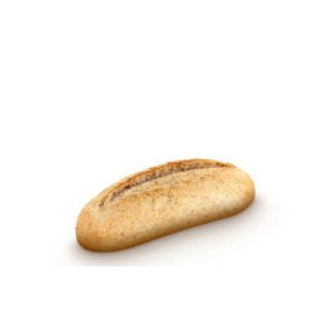 Um pedaço de pão está sobre uma superfície branca.