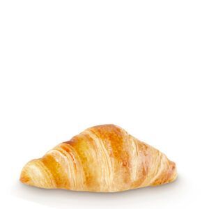 Um close de um croissant em um fundo branco.