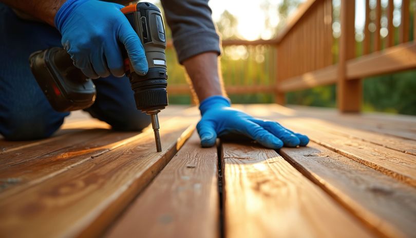 Des mains gantées percent une planche de terrasse en bois à l'extérieur, avec une vis à bois déjà en place.