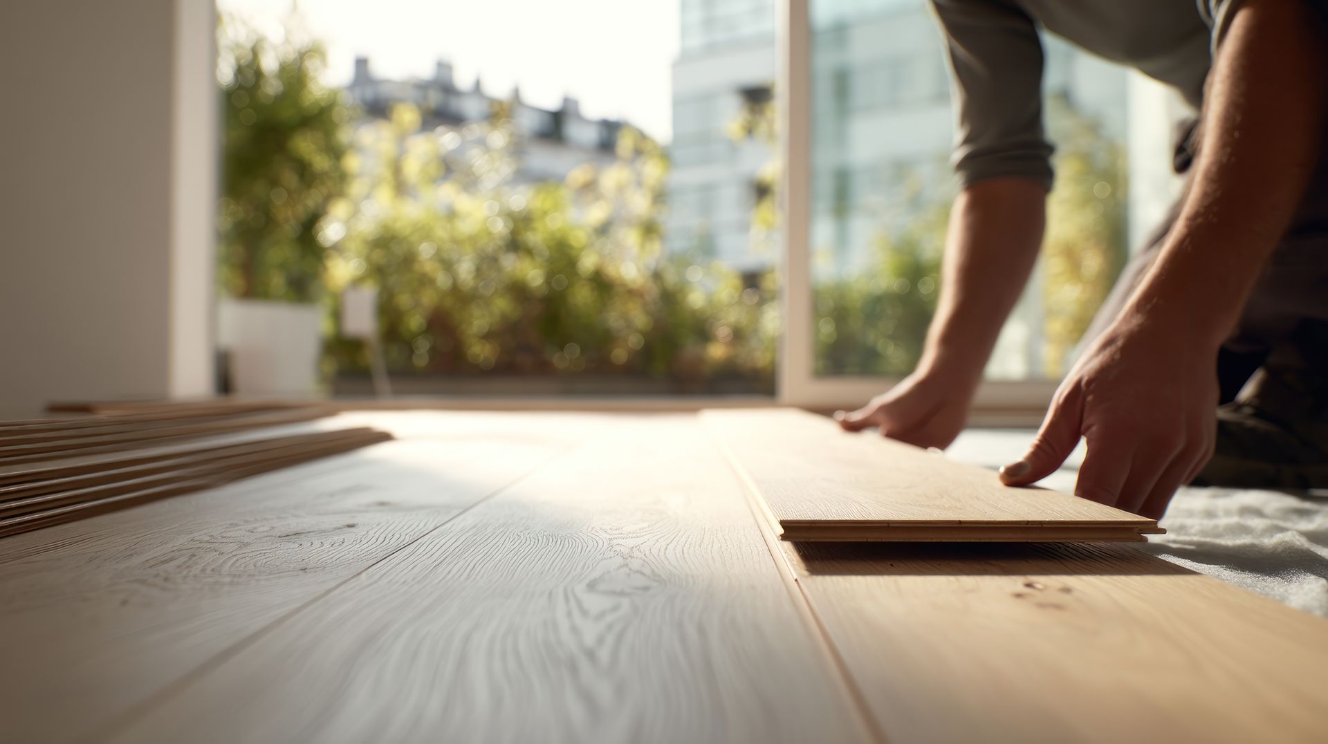 Des mains posent du parquet dans une pièce baignée de soleil, avec des arbres visibles à l'extérieur.