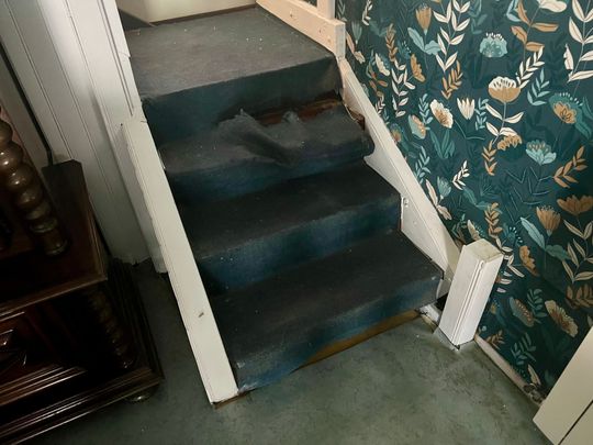 Un escalier étroit recouvert de moquette, avec une rampe blanche, jouxte un papier peint à motifs floraux et mène à une porte.